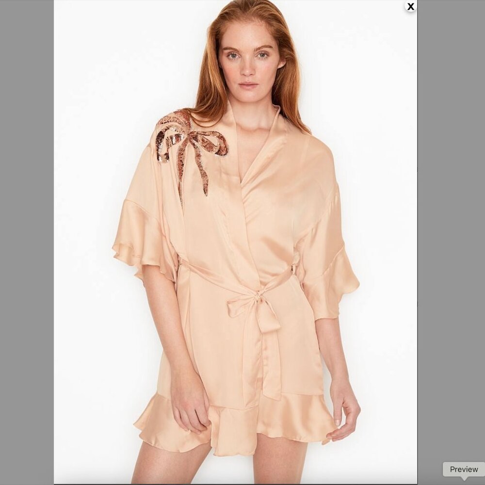 Victoria's Secret Ruffle Robe | Flowy with Belt & Gold Bow Embellishment